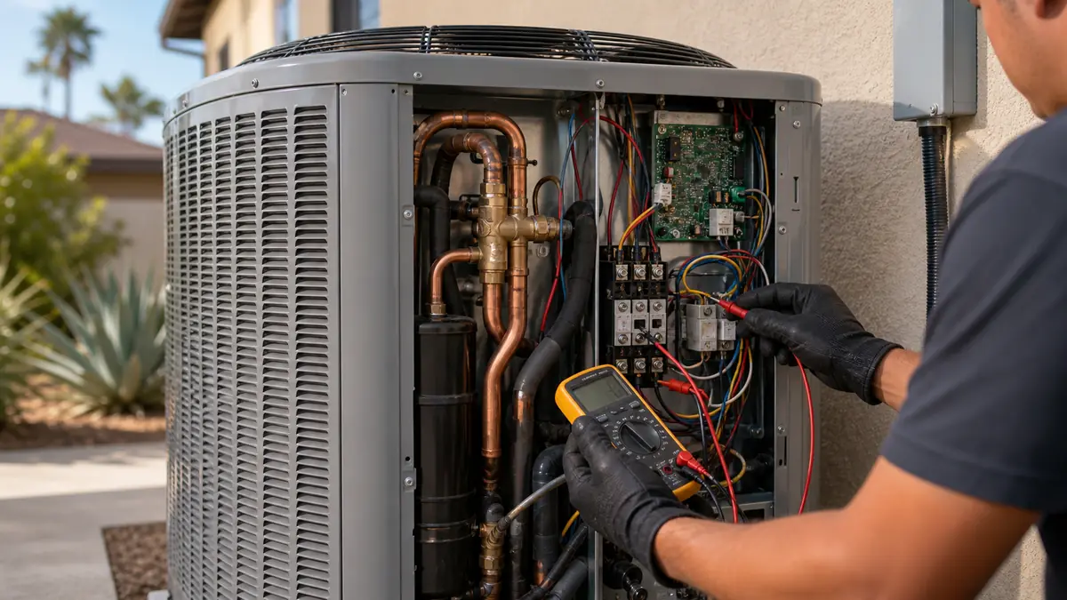 Technician checking a Trane heat pump reversing valve at a Glendale home