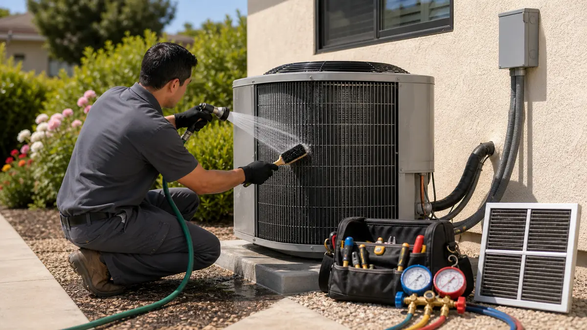 Cleaning a Trane Spine Fin coil during a spring maintenance visit in Glendale